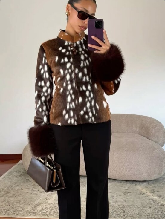Jackets & Blazers - Vintage Women's Spotted Printed Jacket Stand Collar Full Sleeve Faux Fur Cuff